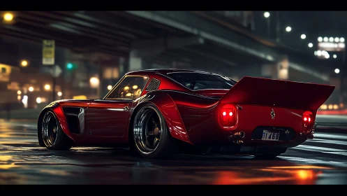 Red widebody sports coupe under urban overpass at night.