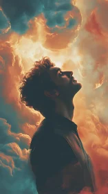 Silhouetted male profile against dual-toned cloudscape.