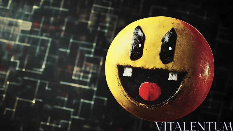 Textured yellow sphere with stylized face floats before grid