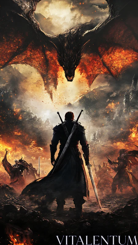 Lone swordsman defies infernal dragon above burning battlefield.