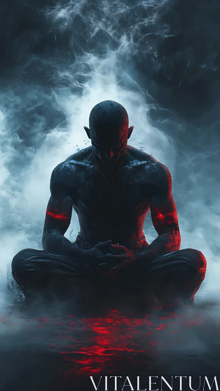 Brooding warrior meditating in stormlit crimson mist.