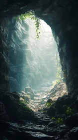 Backlit limestone cave shaft shows moist rocks and rising path