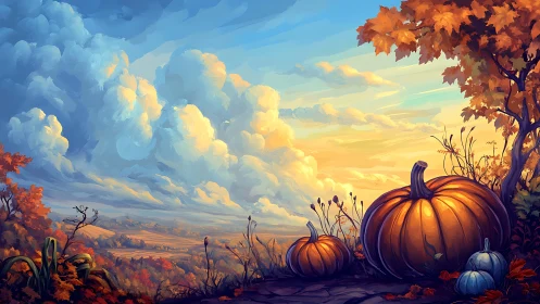 Volumetric autumn clouds over radiantly lit pumpkin ridge.