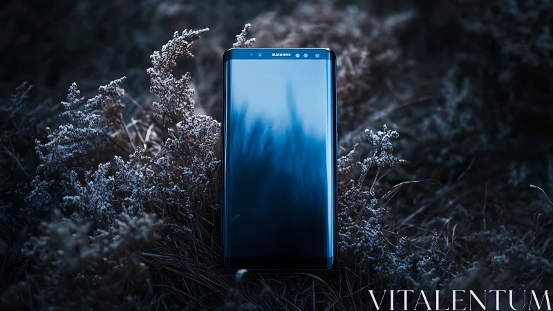 Midnight smartphone altar in frostlit digital undergrowth.