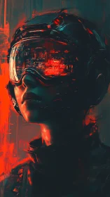 Cybernetic pilot studies neon skyline through visor glow.