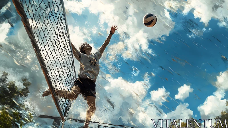 Soaring volleyball player reaches skyward under bright clouds