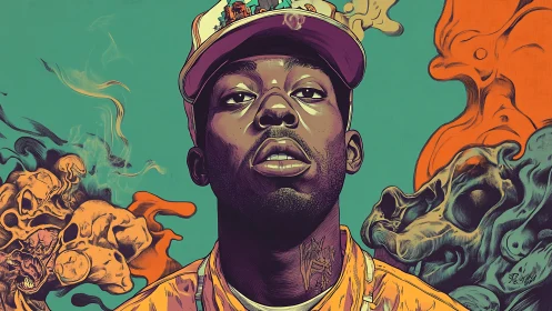 Bold portrait of a calm man surrounded by colorful smoke art