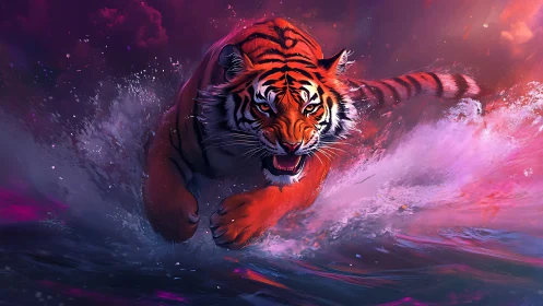 Ferocious tiger charges through neon-tinted water at dusk