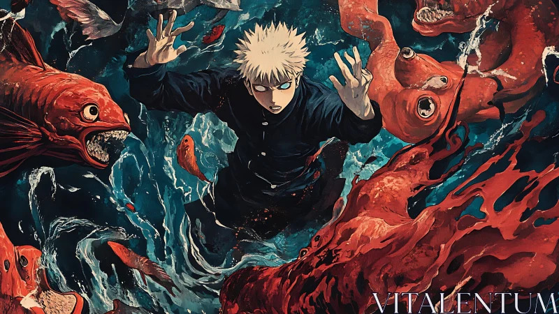 Male figure among red aquatic creatures in turbulent water.