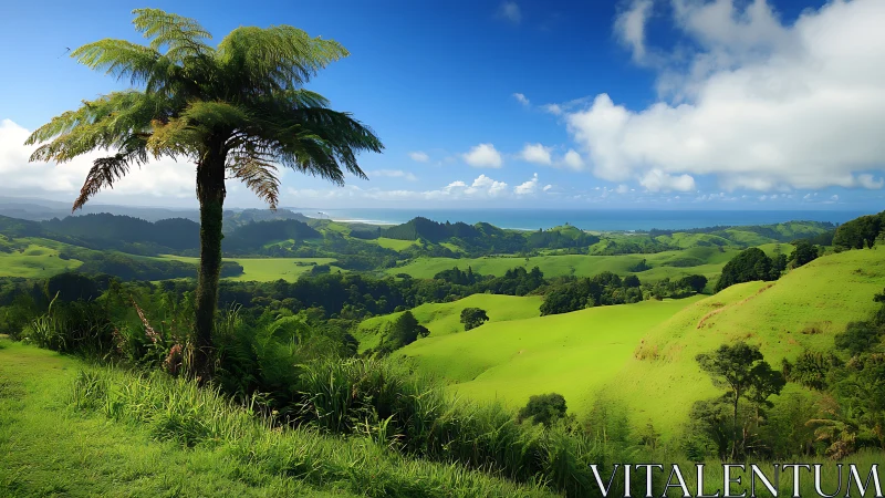 Coastal fern tree overlooking sunlit green rolling hills panorama