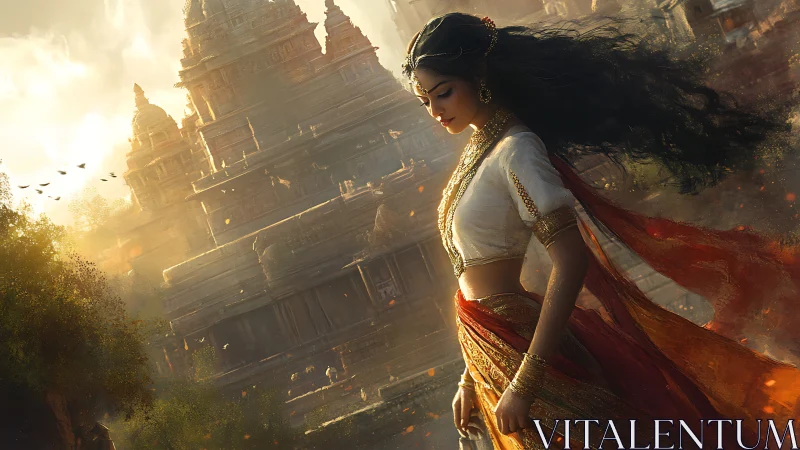 Wind-swept woman in ornate sari before sunlit sandstone temple