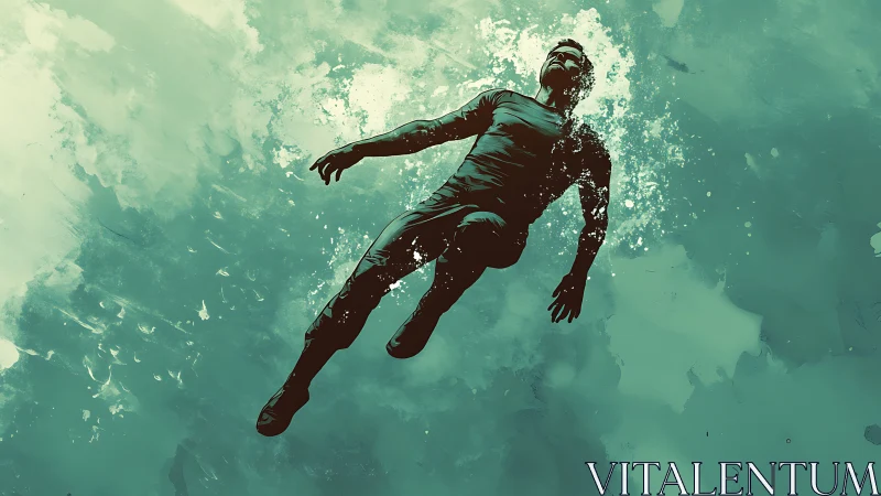 Man floats underwater in stylized teal digital illustration