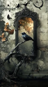 Raven on twisted roots before an autumn mirror portal.