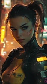 Cybernetic street operative in neon-saturated urban corridor.