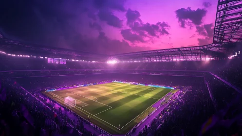 Panoramic floodlit football arena under magenta storm sky.