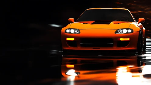 Orange sports coupe on wet reflective surface at night.