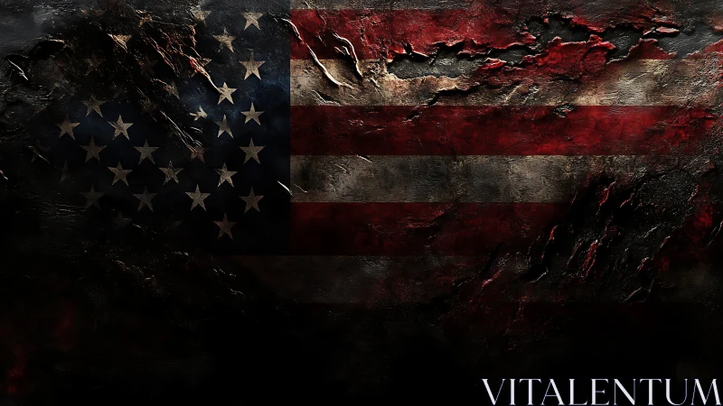 Tattered American flag texture under scorched dark metal