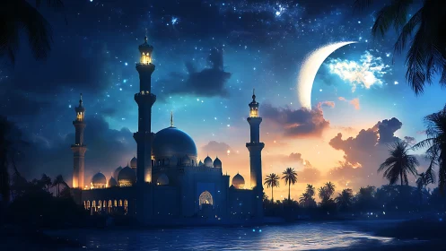 Mosque silhouette under crescent moon and twilight sky.