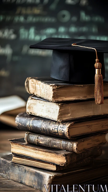 Graduation cap resting on stacked antique hardcover books.