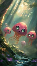 Glowing jellyfish creatures drift through soft forest light.