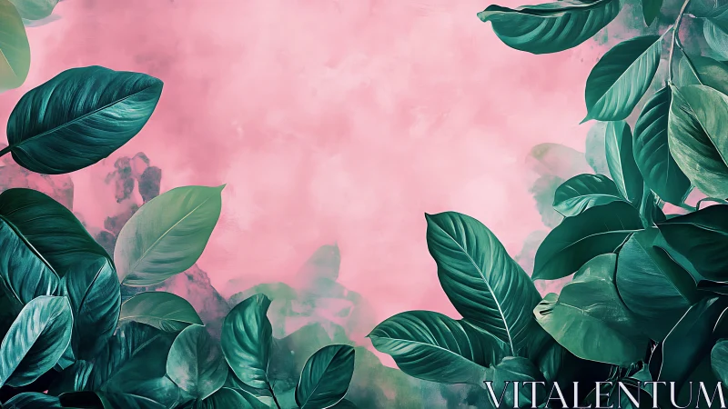 Emerald tropical leaves surround a soft rose watercolor sky