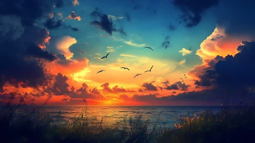 Sunset sky shows glowing clouds over sea horizon and birds