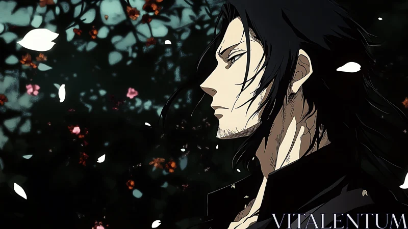 Side-profile anime swordsman amid dark bokeh foliage study.