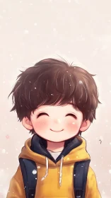 Smiling chibi schoolboy radiates warmth in soft pastel light