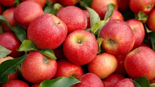 Fresh red apples piled with green leaves after harvest.