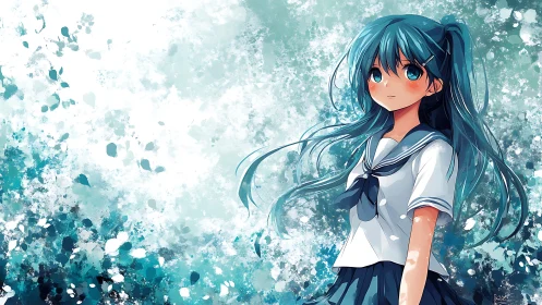 Blue-haired girl in uniform stands before abstract teal field