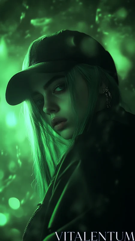 Neon green portrait of moody girl in cap and jacket.