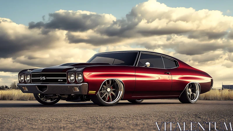 Custom red muscle car glows under dramatic sunset sky.