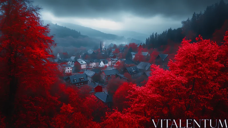 Crimson forest cradles misty village beneath brooding storm.
