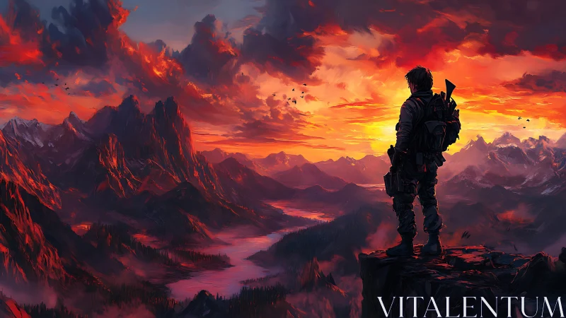 Digital painting of lone explorer over burning alpine valley.