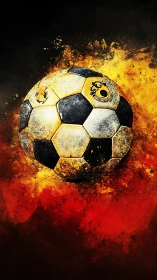 Blazing vintage soccer ball exploding through fiery smoke.