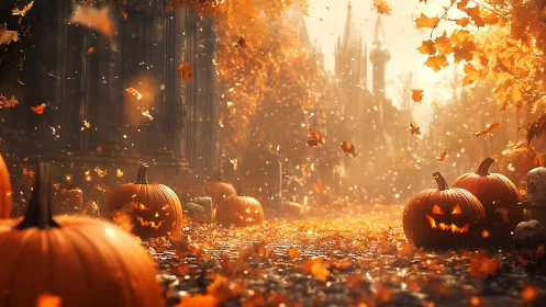 Glowing jack o’lanterns in an autumn castle courtyard scene.