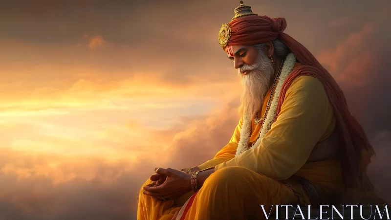 Meditative sage in saffron robes against radiant sunset sky
