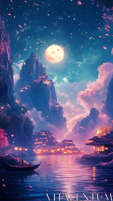 Moonlit river valley with illuminated pagodas and distant peaks
