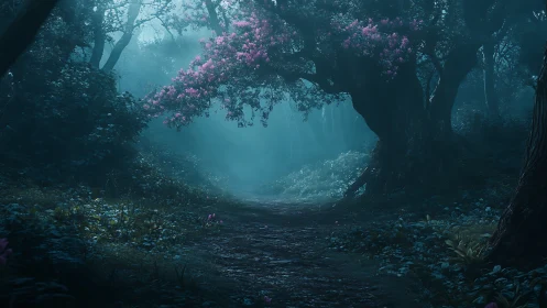 Luminous Pathway Through the Mystical Forest Grove.