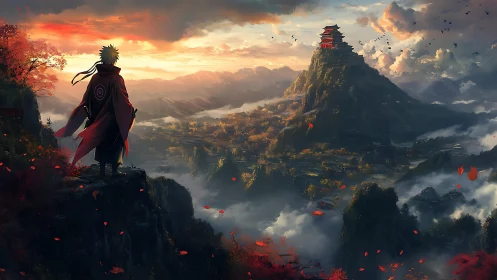 Cloaked figure observing mountain temple at orange sunset.