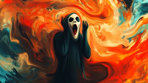 Ghostly figure screaming in swirling fiery colors.