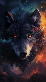 Cosmic wolf spirit gazes through fire and nebula sky.
