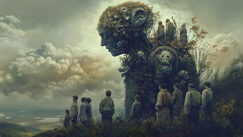 Surreal environmental colossus with contemplative human pilgrimage.