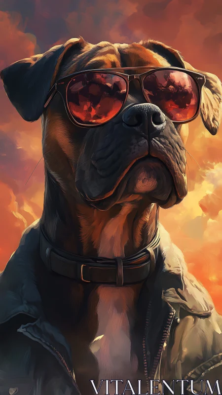 Cool sunset hound in shades and a worn leather jacket.