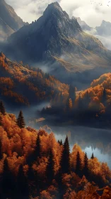 Vertical alpine valley in autumn haze with reflective mountain lake