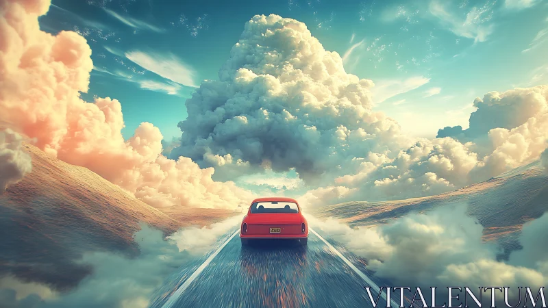 Red car drives along reflective road toward dense cumulus formation