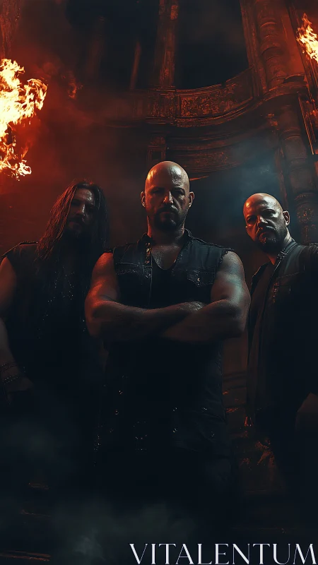 Metal band stands beneath burning arches in smoky gloom