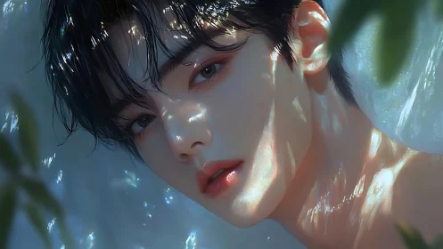 Iridescent waterlit portrait frames serene androgynous face.