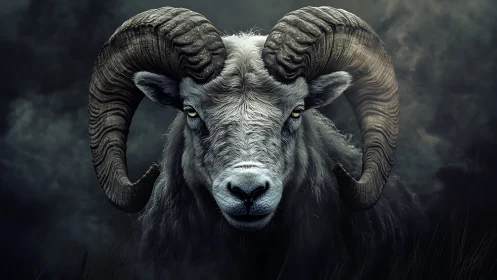 Majestic horned ram portrait in moody storm shadows.