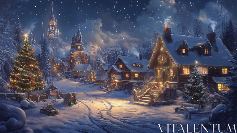 Snowy Christmas village with glowing cottages at night.
